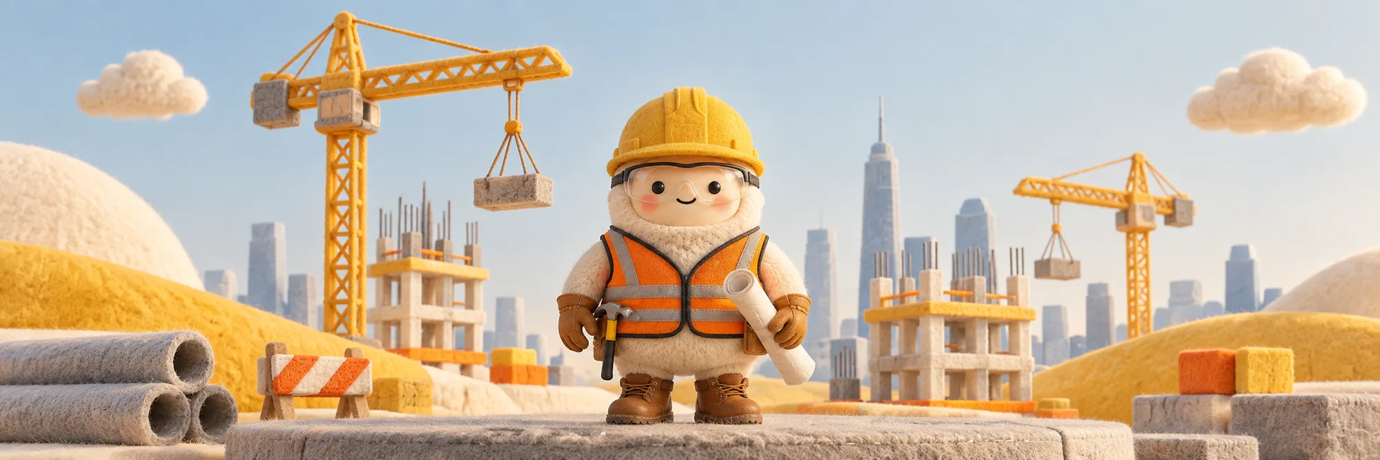 A felted plush muse in a hard hat and orange vest, holding plans, in front of cranes and a city skyline