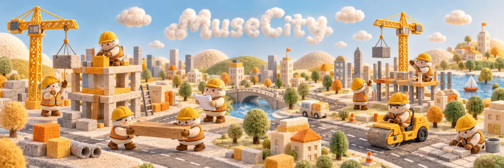 A crew of felted plush muses in hard hats building a city, with MuseCity written in the clouds above