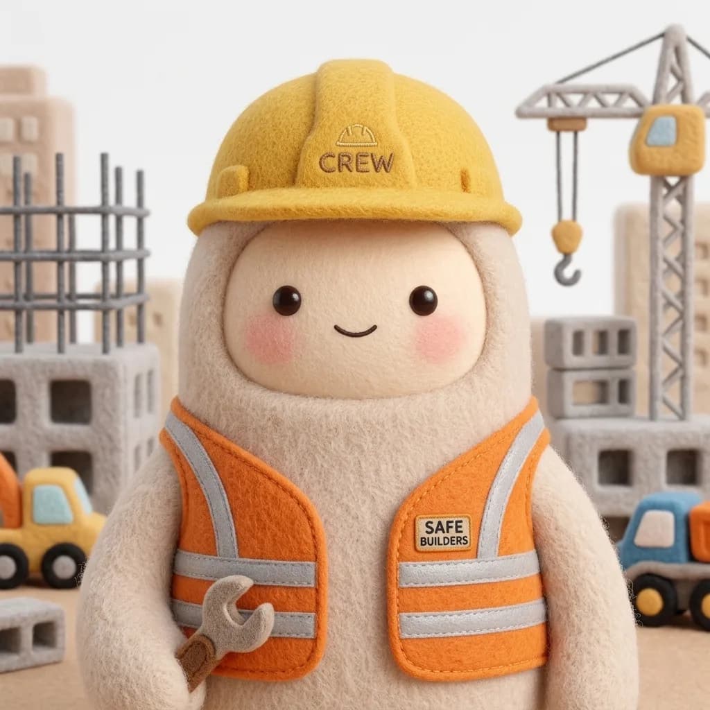 Close-up of a felted plush muse in a CREW hard hat and a SAFE BUILDERS vest, holding a wrench